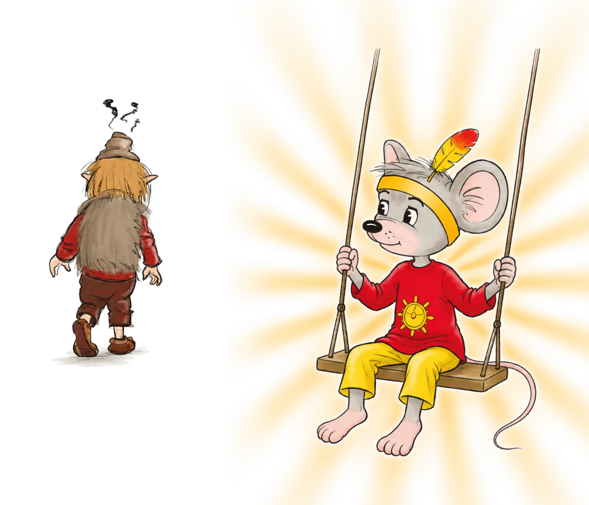 Illustration aus dem Kinderbuch: Kobold Stinkstiefel zieht links mit hängenden Schultern davon, während die Mutmaus rechts entspannt und lächelnd auf der Schaukel sitzt.
